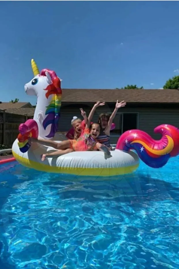 Unicorn Tek Boynuzlu Tutamaçlı MEGA Boy Ada Binici At Havuz, Deniz 201cm x 140cm x 97cm Pompa, Yama